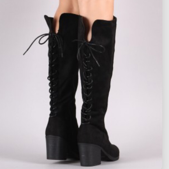 Back Lace-Up Chunky Heeled Knee High Boots - Picture 4 of 5